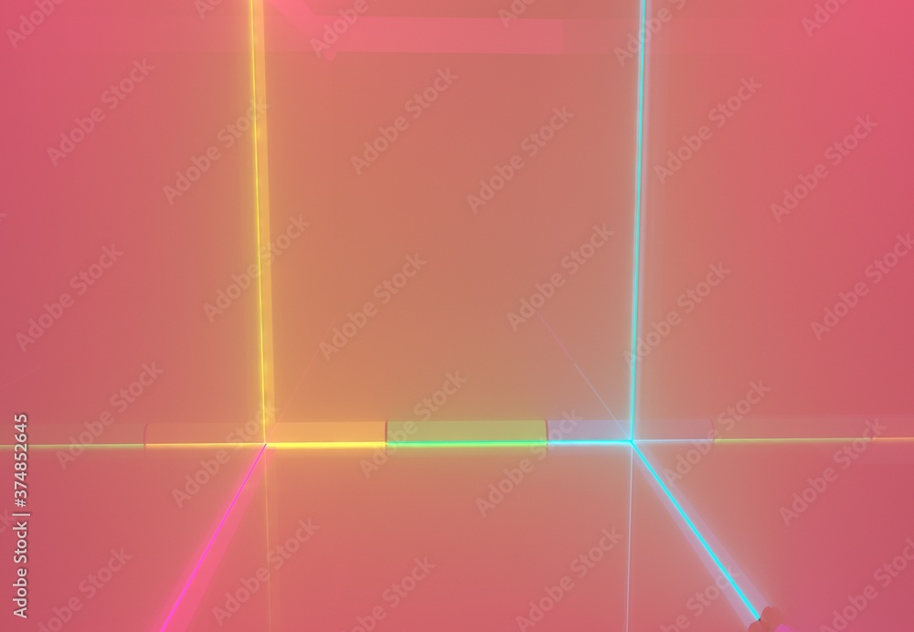 Pink light room interior with lights. Colored backlight effect. 3D rendering. 