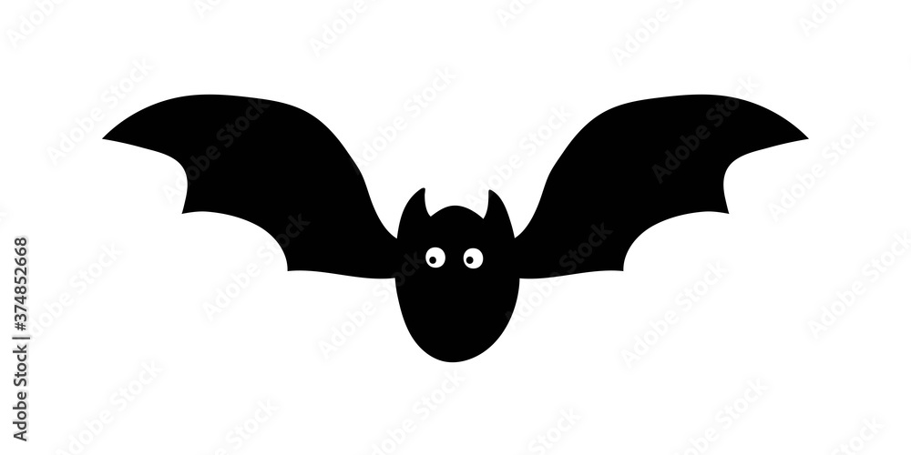 Fototapeta premium Black cartoon bat isolated on white background. Funny halloween symbol with big wings and white eyes