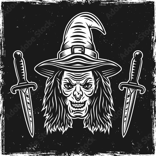 Witch head and ritual knives on dark background