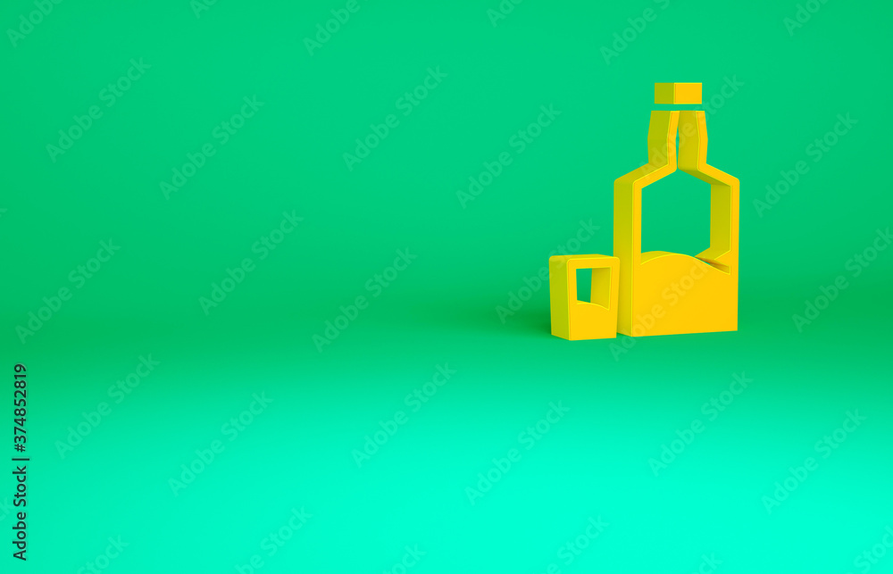 Orange Tequila bottle and shot glass icon isolated on green background. Mexican alcohol drink. Minimalism concept. 3d illustration 3D render. Orange Tequila bottle and shot glass icon isolated on green background. Mexican alcohol drink. Minimalism concept. 3d illustration 3D render.