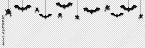 halloween background transparent vector. hanging black spider, bat, insect, pattern october isolated illustration.