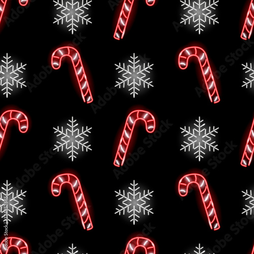Christmas seamless pattern with neon candy canes and snowflakes on black background. Winter holidays, X-mas, Boxing day, New Year concept for wallpaper, wrapping, print. Vector 10 EPS illustration.