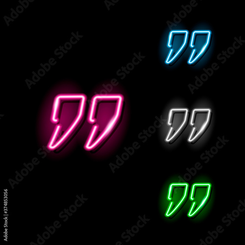 Set of neon quotes marks in different color isolated on black background. Quotation, refer, mention concept. Night signboard style. Vector 10 EPS illustration.