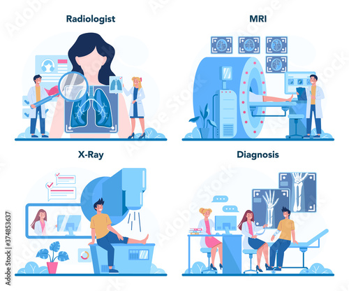 Radiologist concept set. Doctor examing X-ray image of human