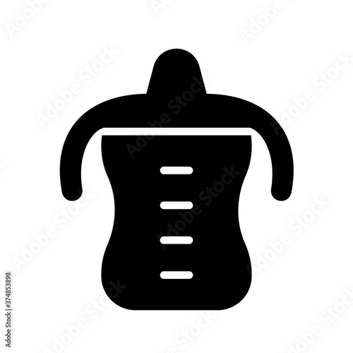 Silhouette Toddler spout cup with twin handle. Outline icon of baby drinker. Black simple illustration of sippy bottle with scale. Flat isolated vector pictogram, white background