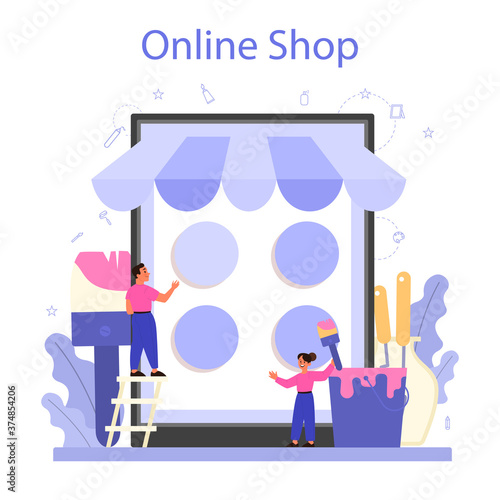 Art school online service or platform. Student holding art tools.