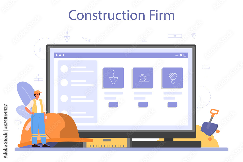 House building online service or platform. Workers constructing House building online service or platform. Workers constructing