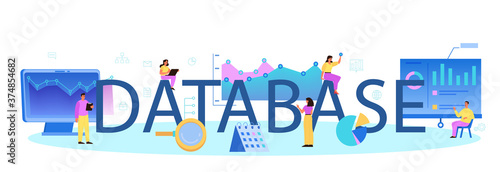 Data base typographic header. Female and male character working