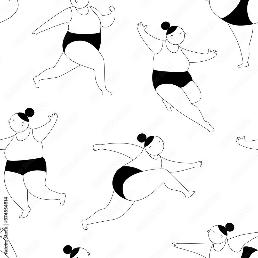 Seamless pattern of yoga for plump women,young girl doing exercises,flat design.Vector illustration isolated on a white background. Seamless pattern of yoga for plump women,young girl doing exercises,flat design.Vector illustration isolated on a white background.