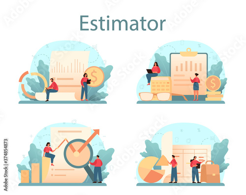Appraiser, financial consultant set. Appraisal services, property