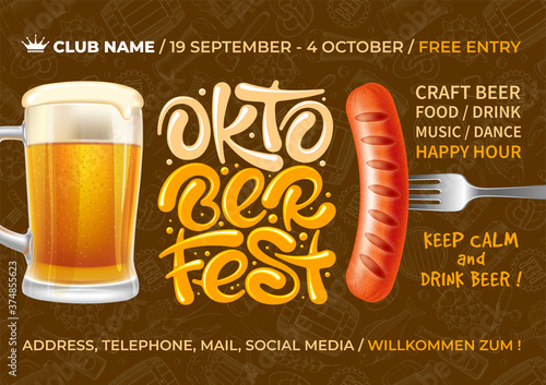 Bright and attractive Oktoberfest celebration flyer with realistic objects and lettering. Seamless Pattern with different subjects related with beer festival on background. Vector illustration.