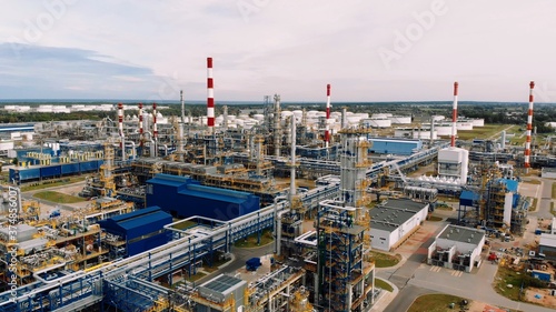 Aerial shot over a pipe infrastructure in an oil refinery in Gdansk, Poland. . High quality photo