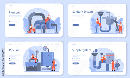 Plumber web banner or landing page set. Plumbing service,