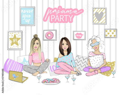 Pajama party vector illustration with beautiful young women, girls, teenagers. Poster, cover or banner for a fun event.