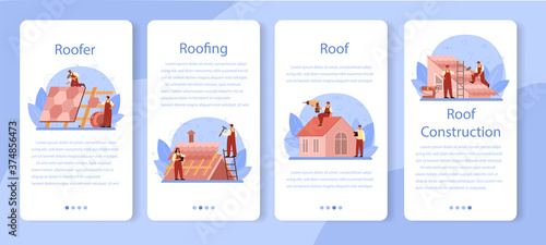 Roof construction worker mobile application banner set. Building
