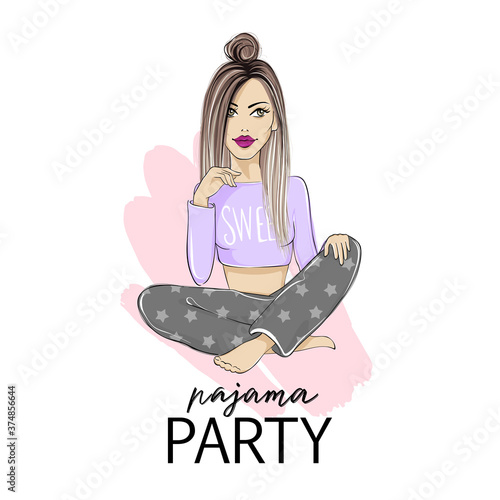 Pajama party vector illustration with beautiful young blonde woman.