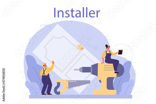 Worker in uniform install door. Professional service, repairman