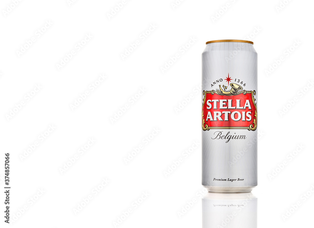 White can of great Belgium beer - Stella Artois - on white ...