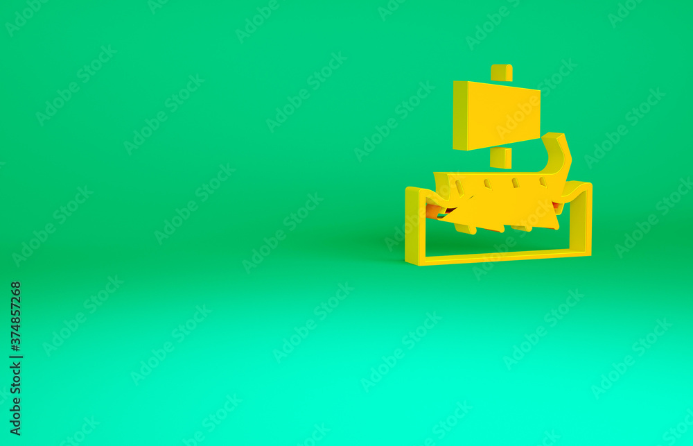 Orange Ancient Greek trireme icon isolated on green background. Minimalism concept. 3d illustration 3D render. Orange Ancient Greek trireme icon isolated on green background. Minimalism concept. 3d illustration 3D render.