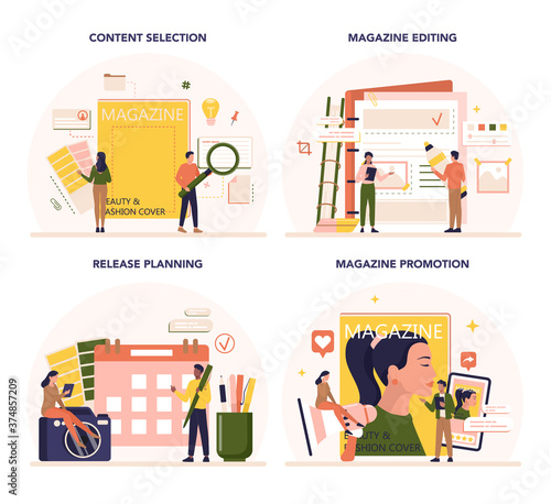 Magazine editor concept set. Journalist and designer working on magazine