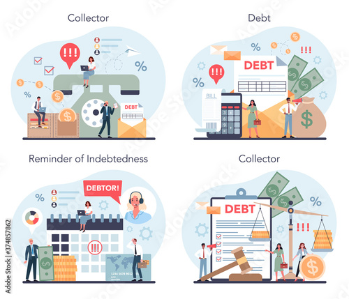 Photo Debt collector concept set. Pursuing payment of debt owed