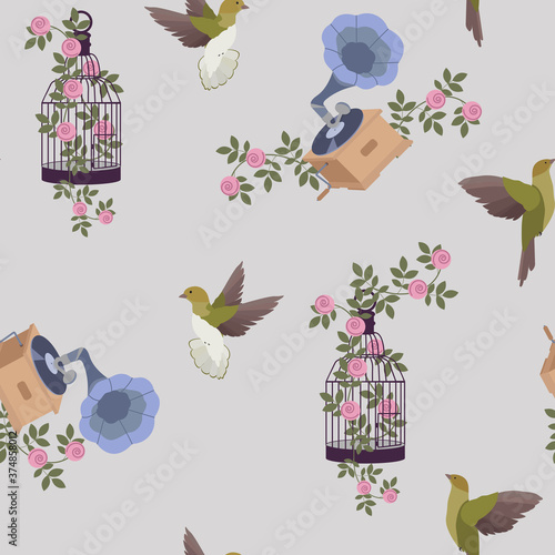 Seamless vector illustration with birds, flowers and gramophone