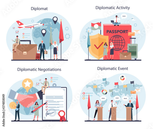Diplomat profession set. Idea of international relations and government
