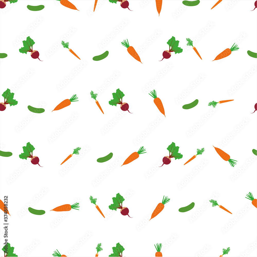 Fototapeta premium Seamless vector pattern. Vegetables, carrots, cucumber, beets. Isolated over white background. Vector graphics.
