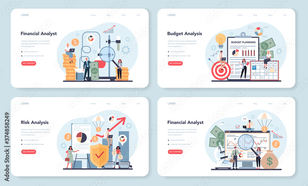 Financial analyst or consultant web banner or landing page set.