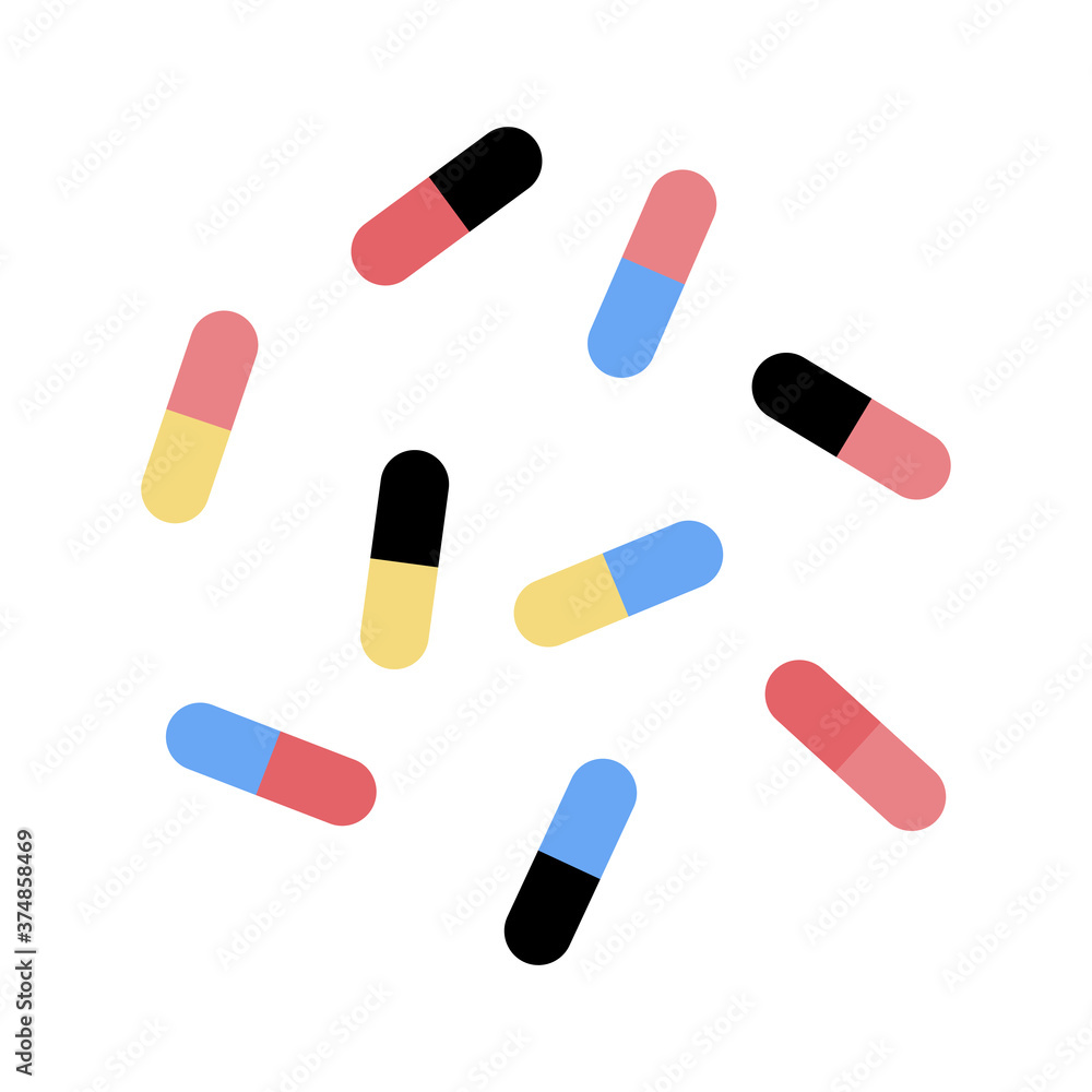 Tablets and pills. A set of objects for medical examination, treatment or diagnosis. Illustration. Flat style. Tablets and pills. A set of objects for medical examination, treatment or diagnosis. Illustration. Flat style.