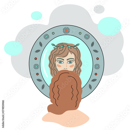 Girl with imposter syndrome, sad woman looks in mirror, doubts herself.Illustration of zodiac sign constellation Virgo