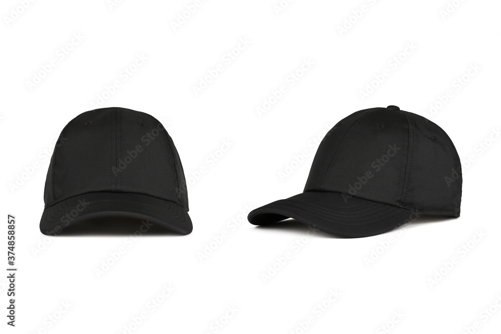 Black baseball cap, front and side views Black baseball cap, front and side views