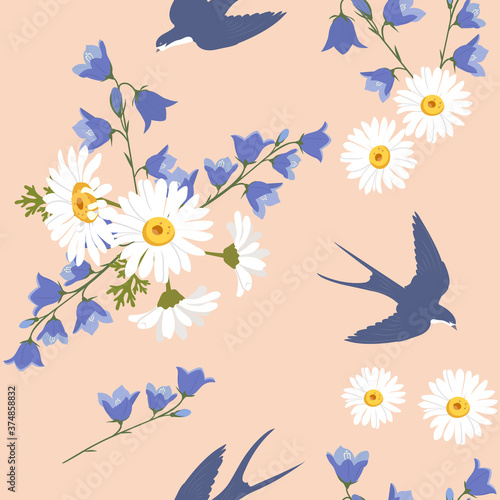 Seamless summer vector illustration with chamomile, campanula and swallows.