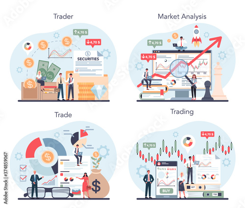 Trader, financial investment concept set. Buy, sell or loss profits