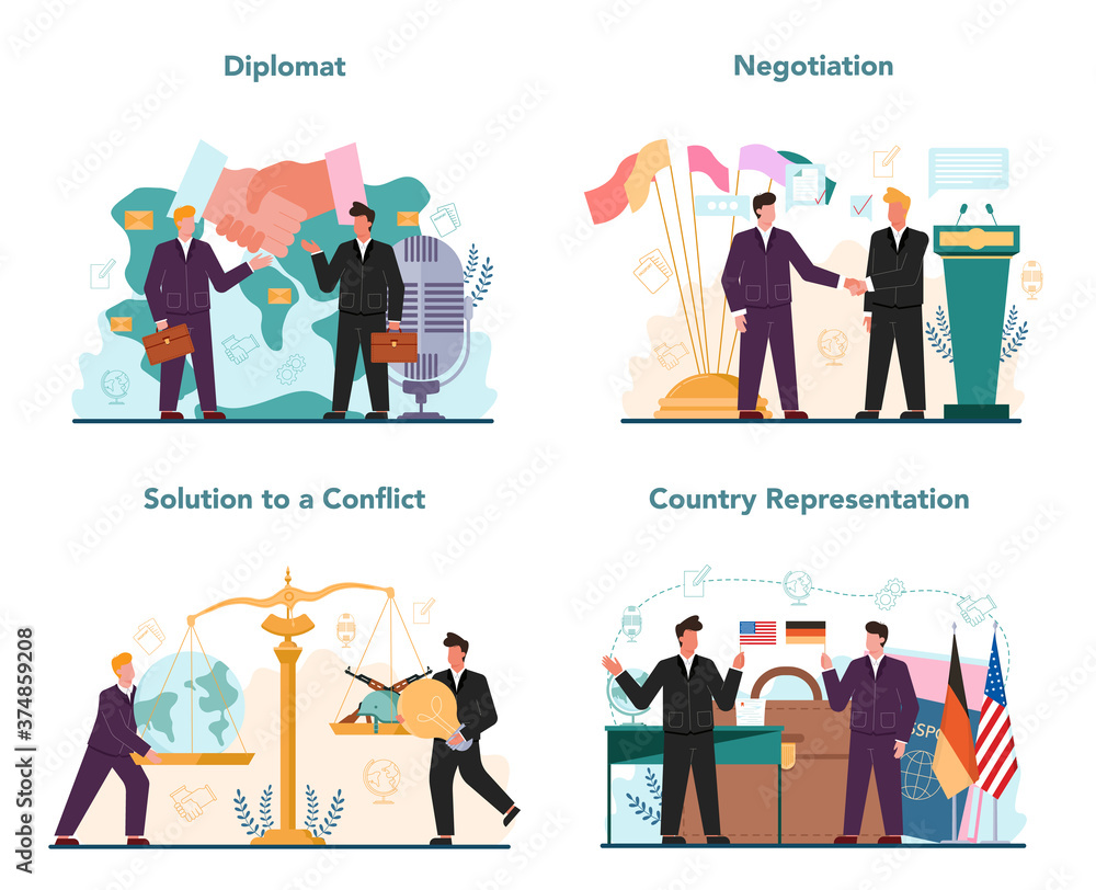 Diplomat profession set. Idea of international relations and government