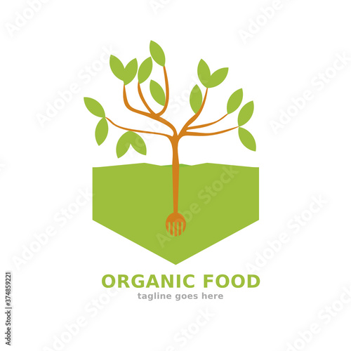 natural organic food logo vector consists of tree, leaves and wooden fork