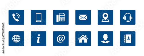 Set contact icons in a square. Blue vector symbol elements.