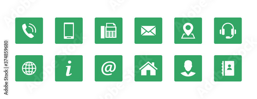 Set contact icons in a square. Green vector symbol elements.