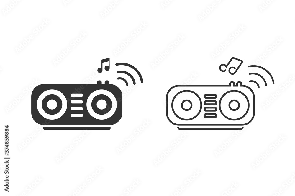 Wireless speaker with radio waves and musical note vector line icon set Wireless speaker with radio waves and musical note vector line icon set
