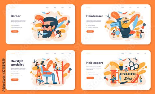 Barber web banner or landing page set. Idea of hair and beard care