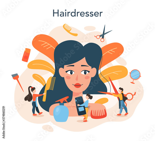 Hairdresser concept. Idea of hair care in salon. Scissors and brush,