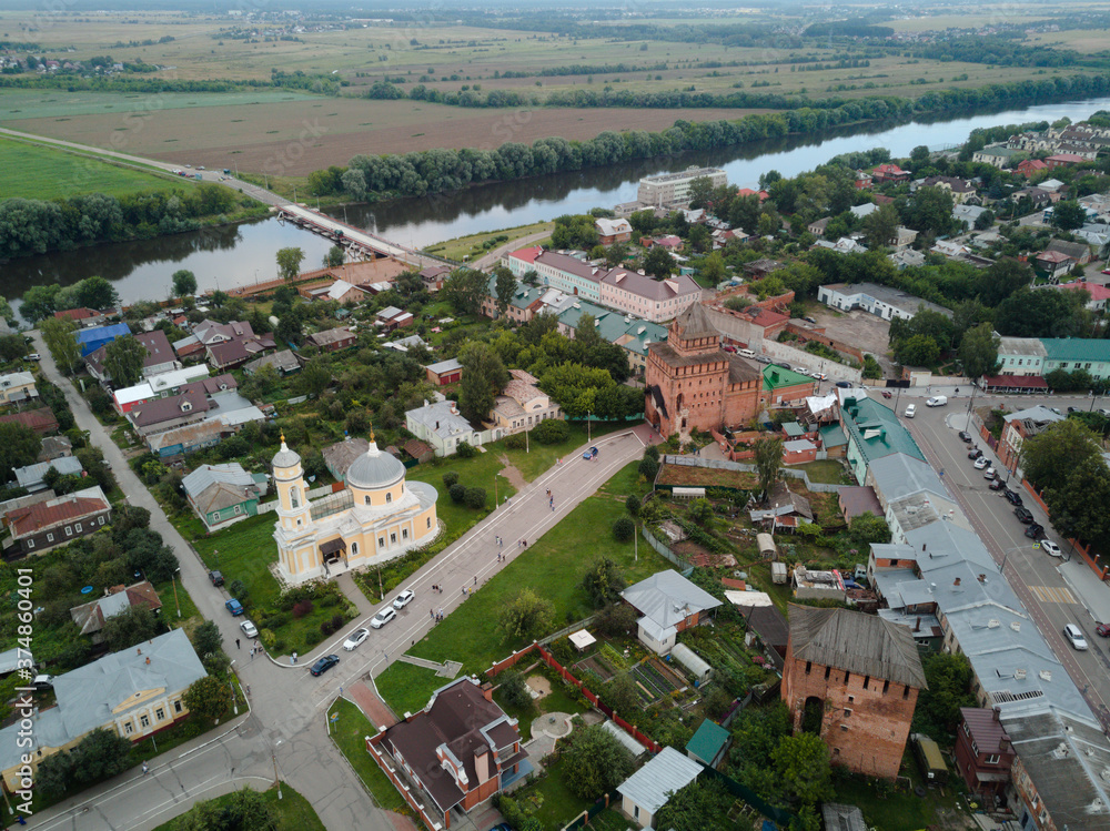 Bird eye view of the old Russian city of Kolomna and the Moscow river.
