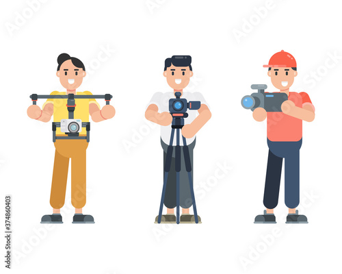 Set of young man characters holding camera. Photographer, Cinematographer, Vlogger characters in flat style. Vector illustration.