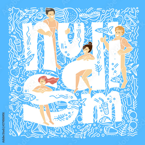 Nudism. Nudist beach. Nude people relax on a nudist beach. Rest naked. Handwritten inscription Nudism. Doodle style. Flat vector illustration.