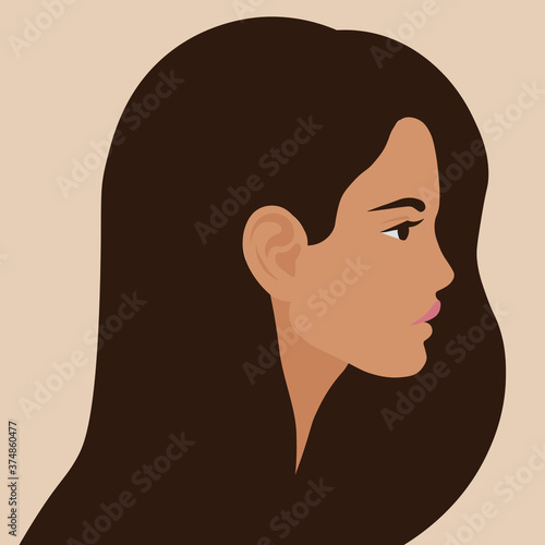 The girl's head in profile. Brunette woman portrait. Social media avatar. Vector illustration