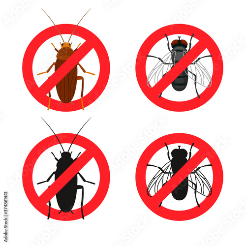 Insects warning signs. Red anti insects control symbols, stop pest concept, vector illustration of signs of prohibition bugs and moths isolated on white background
