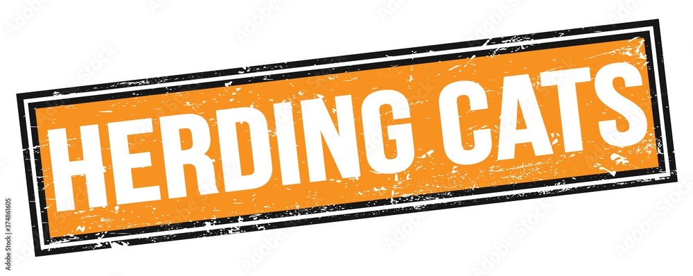 Fototapeta premium HERDING CATS text on orange black grungy rectangle stamp.