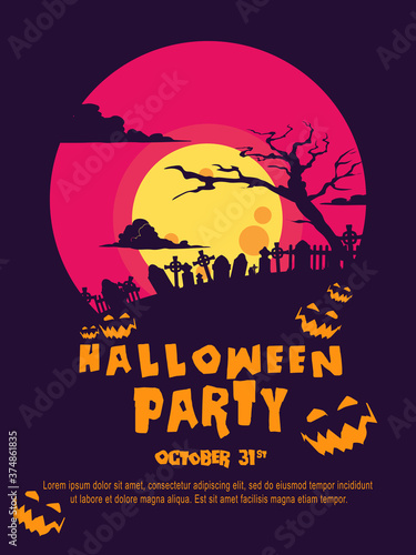 Halloween  background with tombstone  pumpkin  haunted house and full moon. Flyer or invitation template for Halloween party. silhouette Vector illustration.