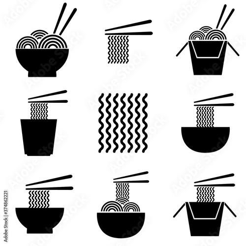 Bowl of noodles with a pair of chopsticks, noodle icon, logo isolated on white background