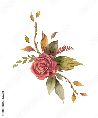 Watercolor vector wreath with autumn leaves and flowers isolated on white background. Arrangement for greeting cards  wedding invitations  invite and decorations.